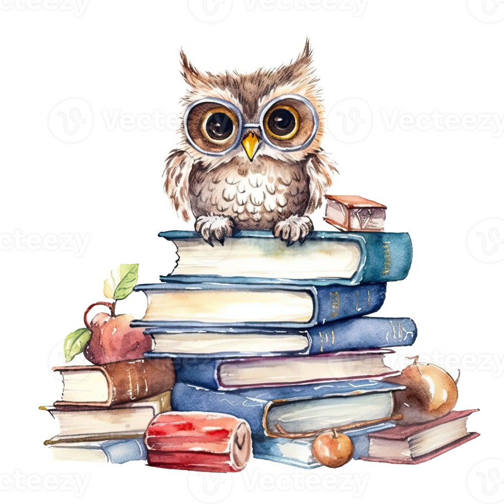 Watercolor books wuth owl. Illustration png