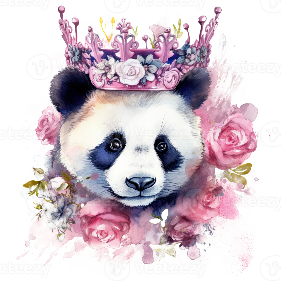 vattenfärg panda med blomma krona. illustration ai generativ png