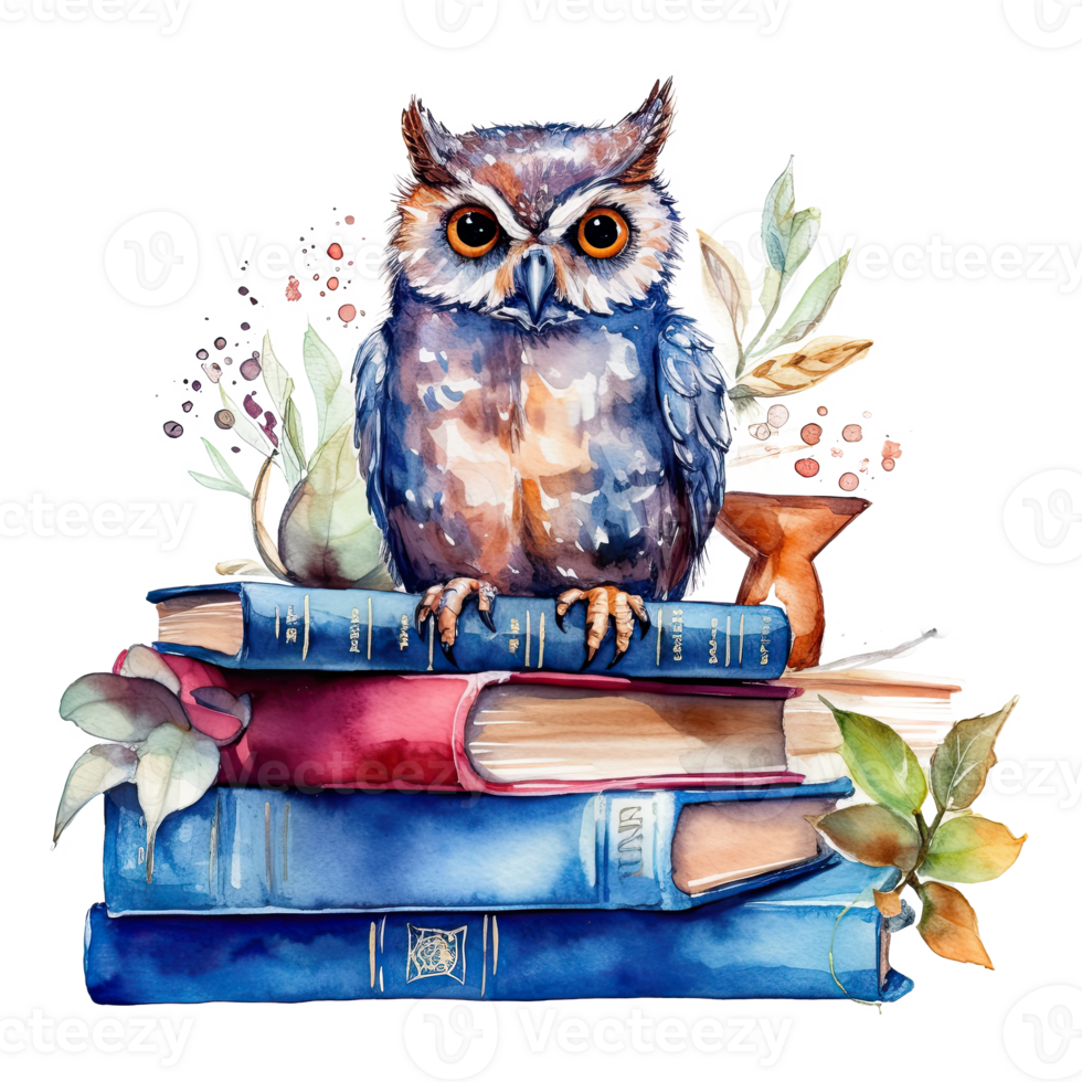 Watercolor books wuth owl. Illustration png