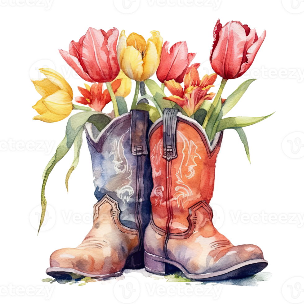 Watercolor cowboy boots with flowers. Illustration png