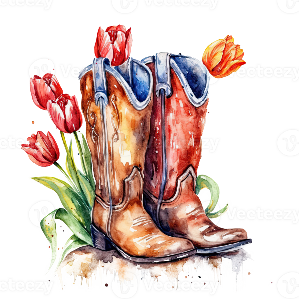 Watercolor cowboy boots with flowers. Illustration png