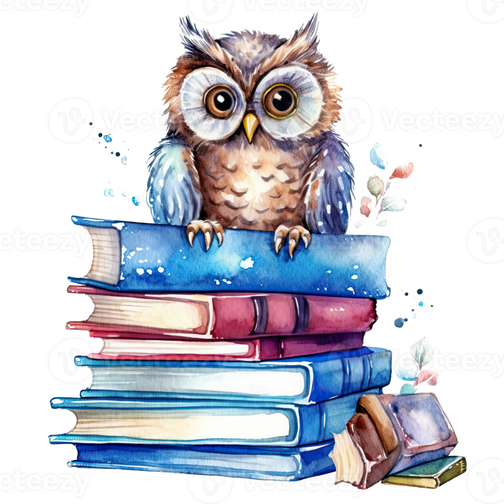 Watercolor books wuth owl. Illustration png