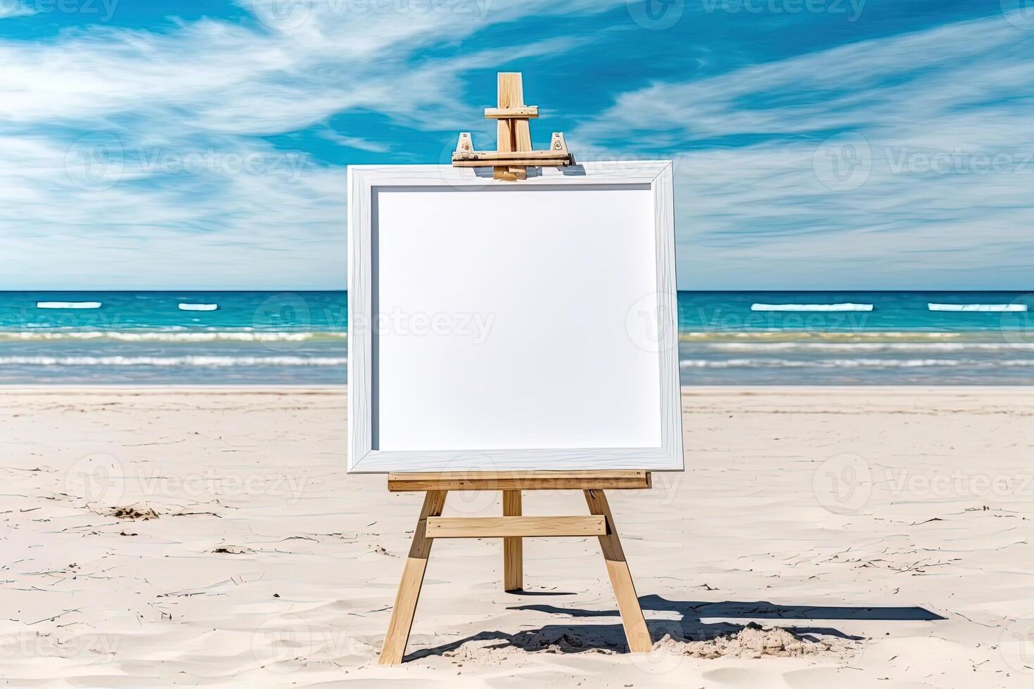 White blank artist frame on a small wooden easel on summer sea beach background with copy space. Advertising mockup artboard for pictures or artwork. Painting frame template banner. photo