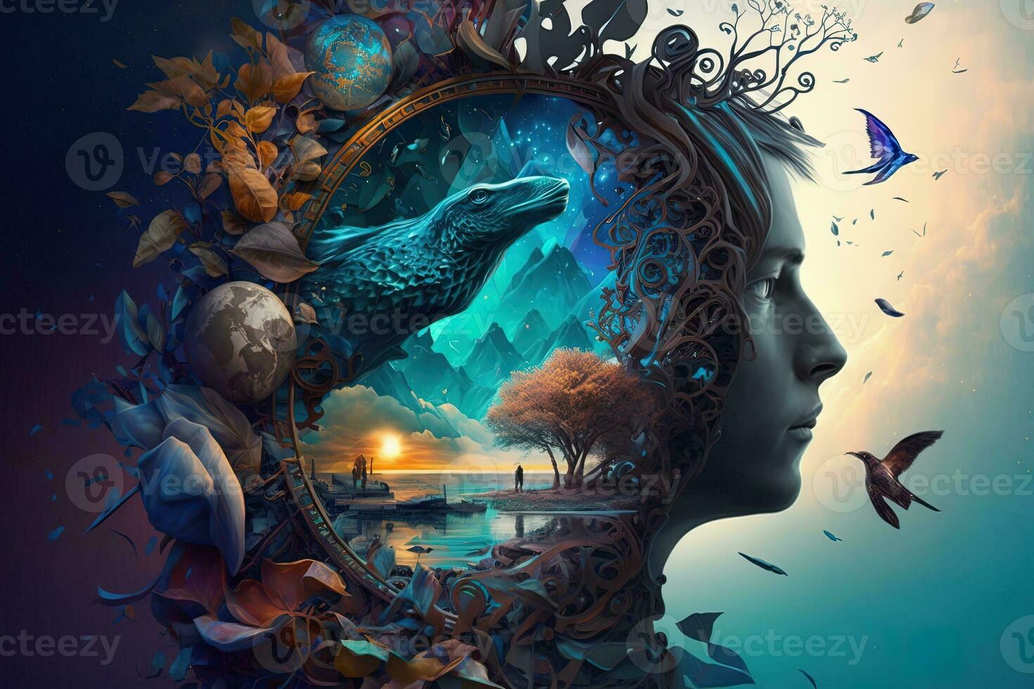 the mind lost deep in thought, thoughts of time and numbers, thoughts of a fantasy land with colorful plants and animals, surreal painting Generation AI photo