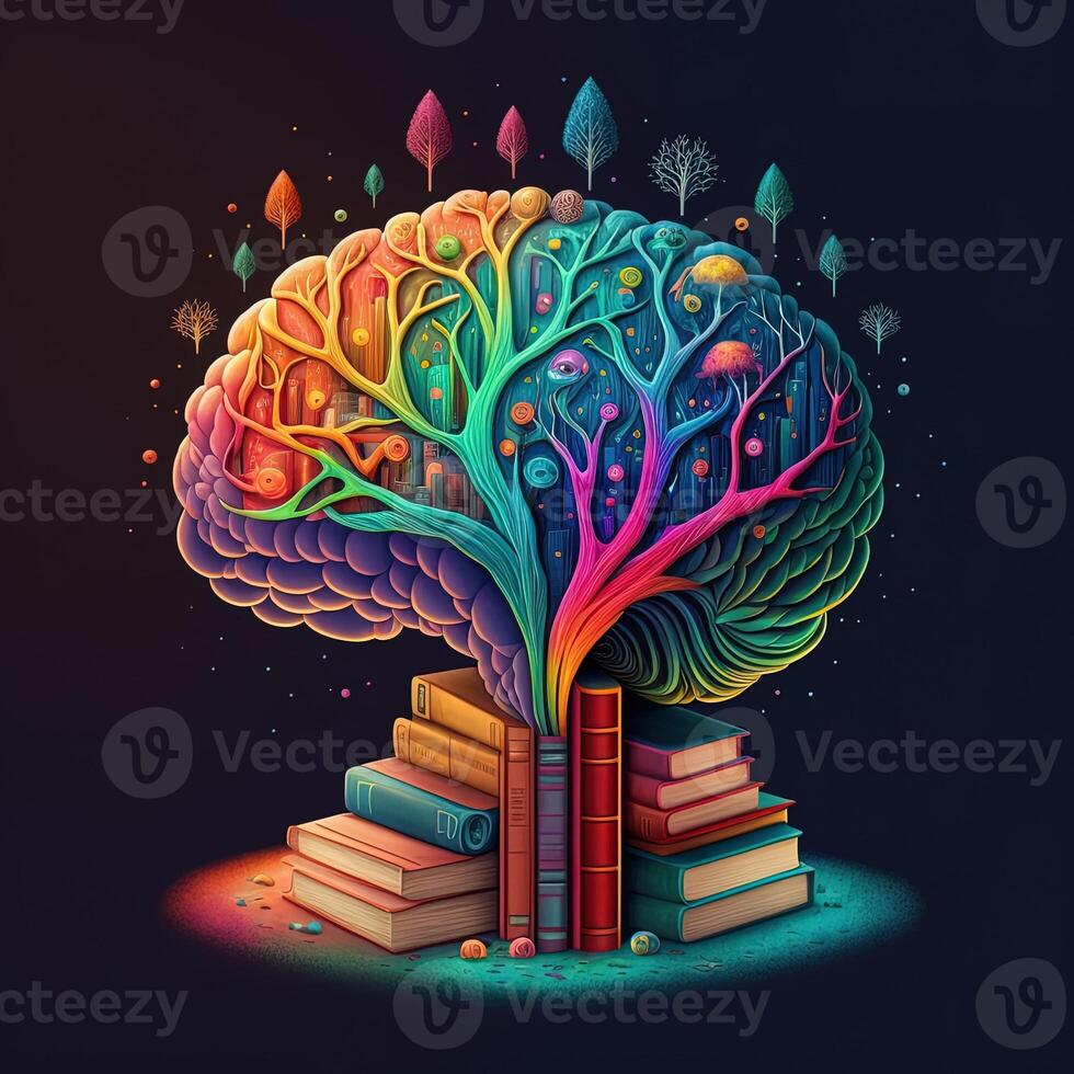 This whimsical image shows a brain with a library inside, its neurons and synapses lit up in a rainbow of joyful colors. A stack of books on a shelf indicates knowledge and learning, photo