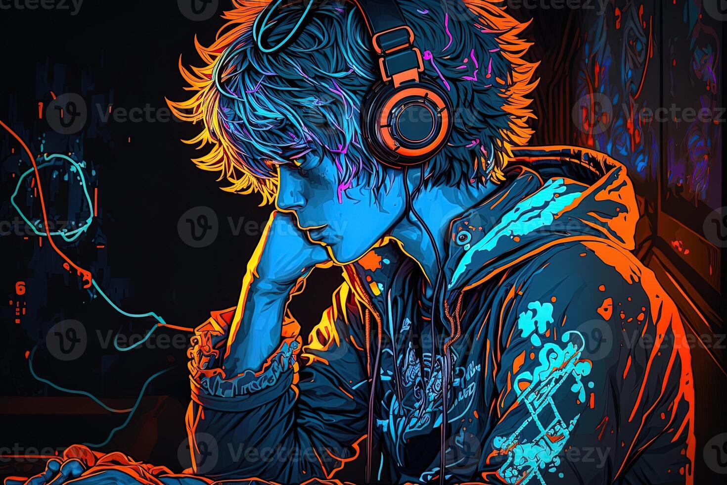 An Neon Gamer Anime Fashion Boy Or Man Wearing Headphones Lost In His an-neon-gamer-anime-fashion-boy-or-man-wearing-headphones-lost-in-his