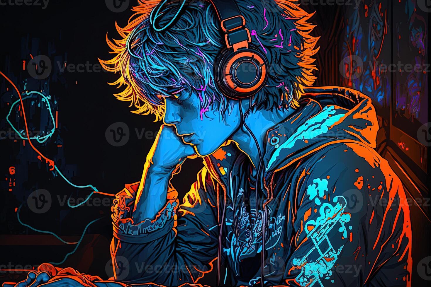 an neon gamer anime fashion boy or man wearing headphones, lost in his music. abstract background that evokes the feeling of different genres of music. banner music concept photo