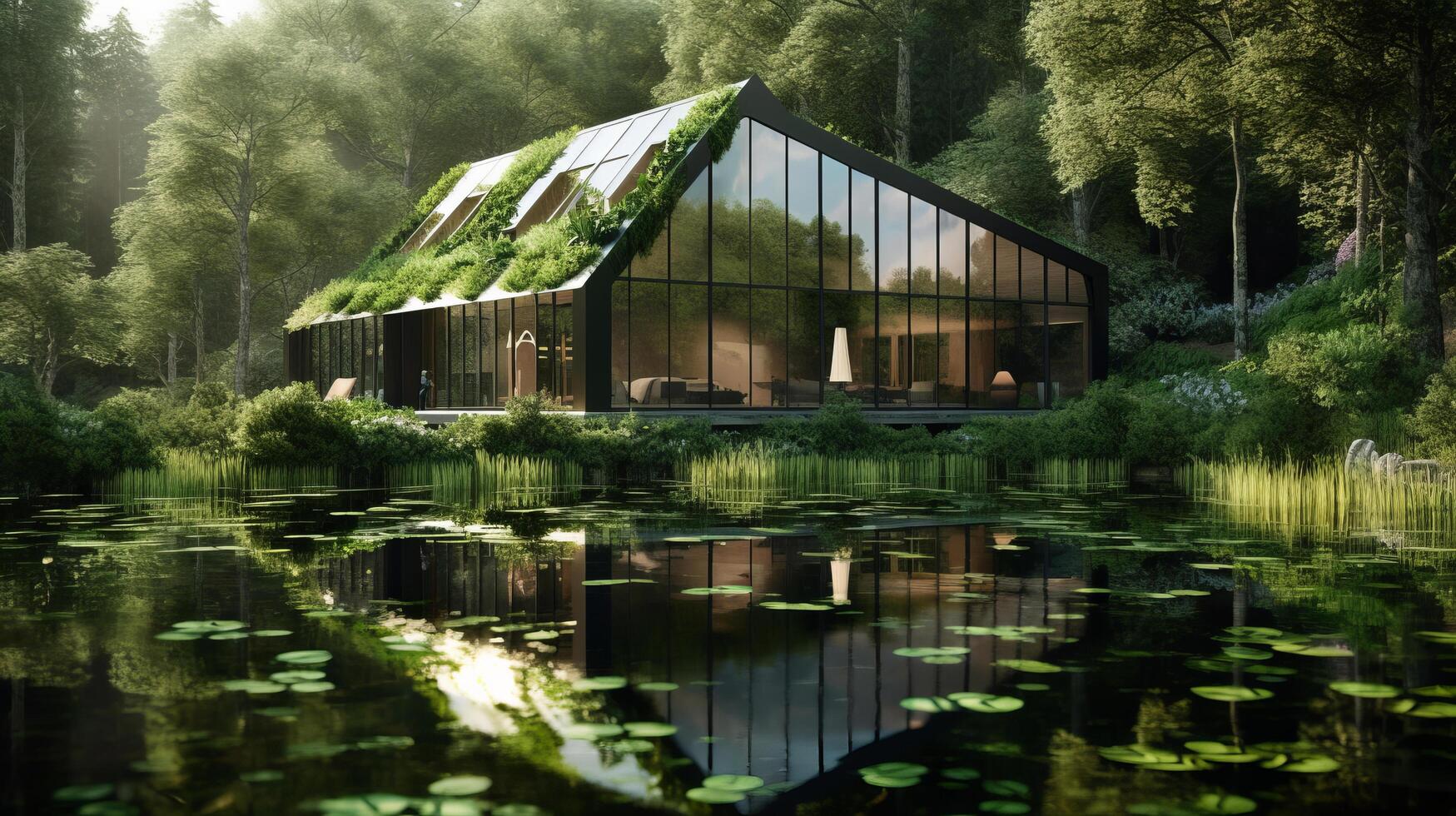 Form of a house-shaped pond located in a lush forest Illustration photo