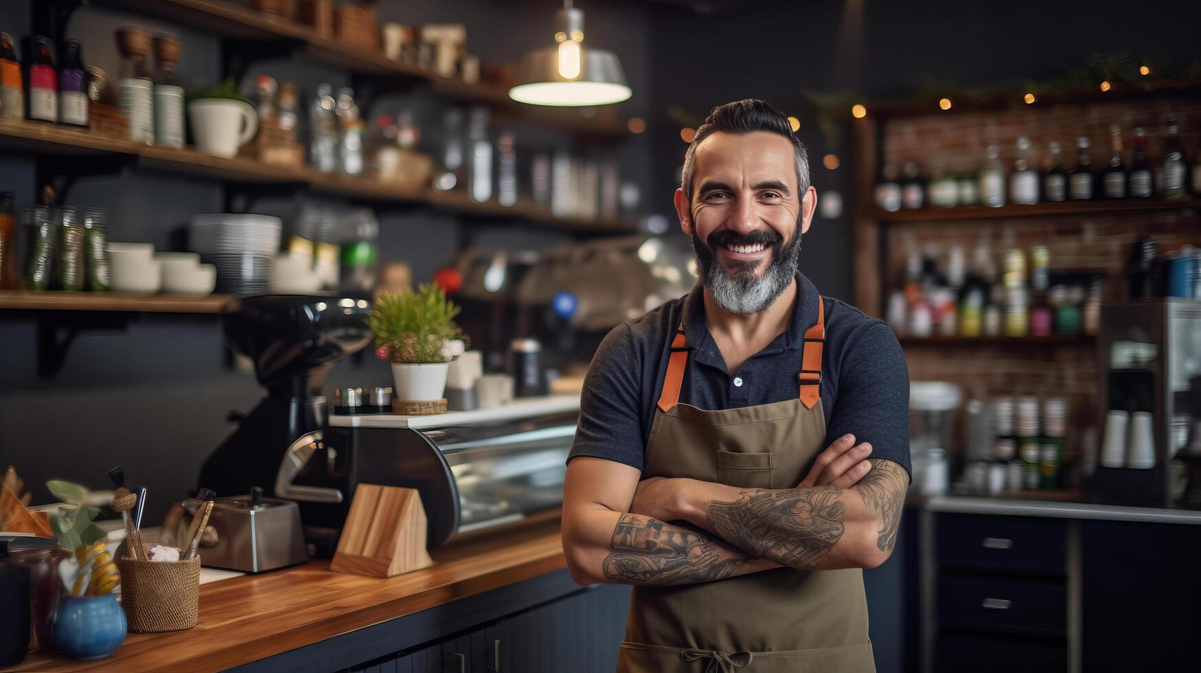 Bearded barista in pub. Illustration photo