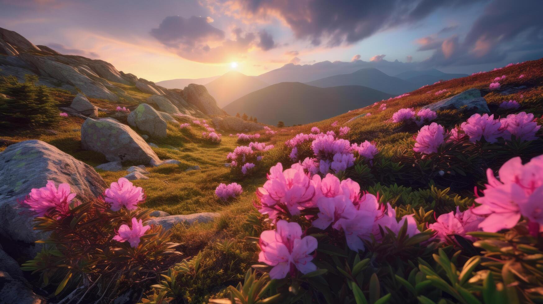 Pink flowers in mountain. Illustration photo