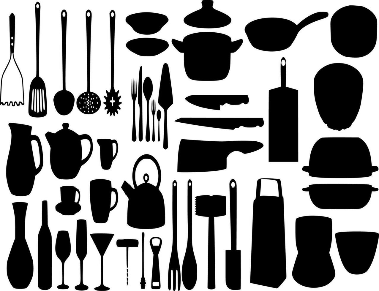 Vector silhouette of kitchen utensils on white background