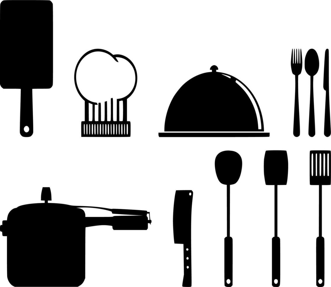Vector silhouette of kitchen utensils on white background