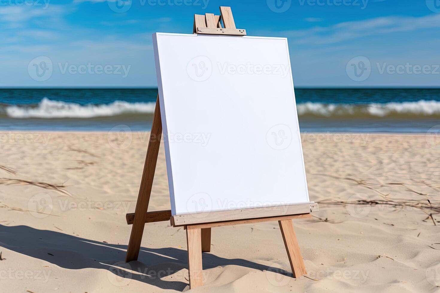 White blank artist frame on a small wooden easel on summer sea beach background with copy space. Advertising mockup artboard for pictures or artwork. Painting frame template banner. photo