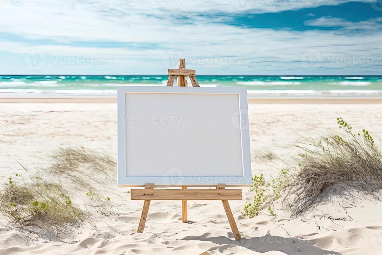 White blank artist frame on a small wooden easel on summer sea beach background with copy space. Advertising mockup artboard for pictures or artwork. Painting frame template banner. photo