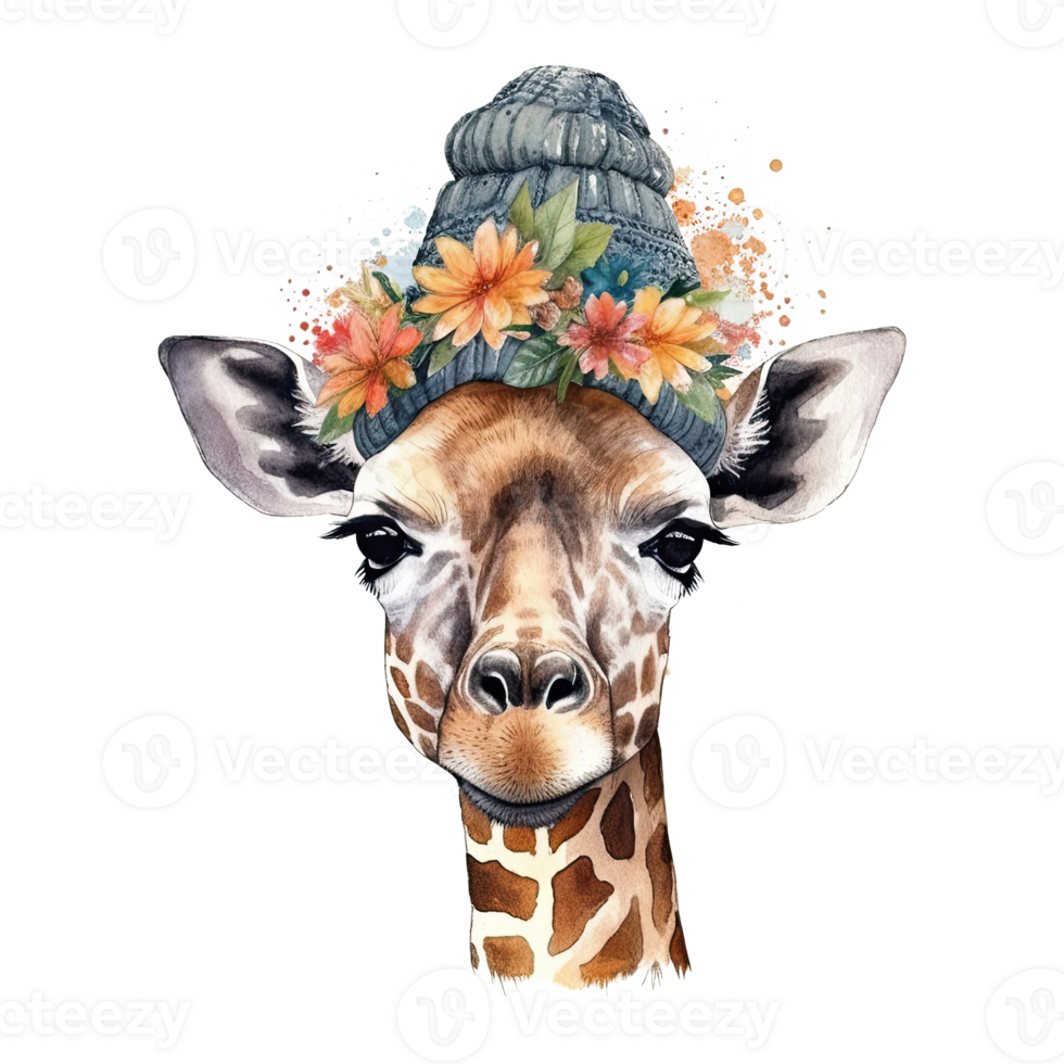 Cute giraffe in hat with flower. Watercolor. Illustration png