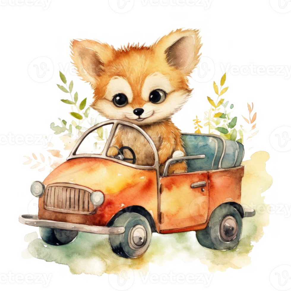 Cute watercolor baby animal in car. Illustration png