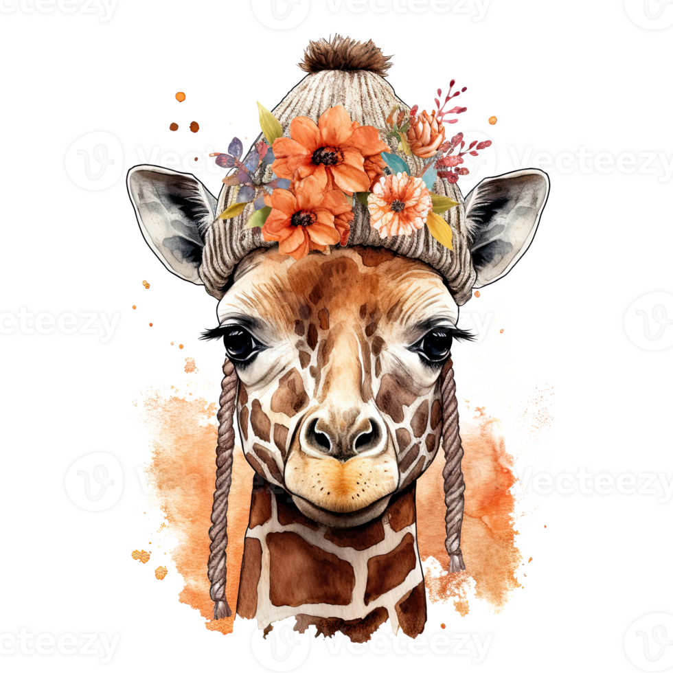 Cute giraffe in hat with flower. Watercolor. Illustration png