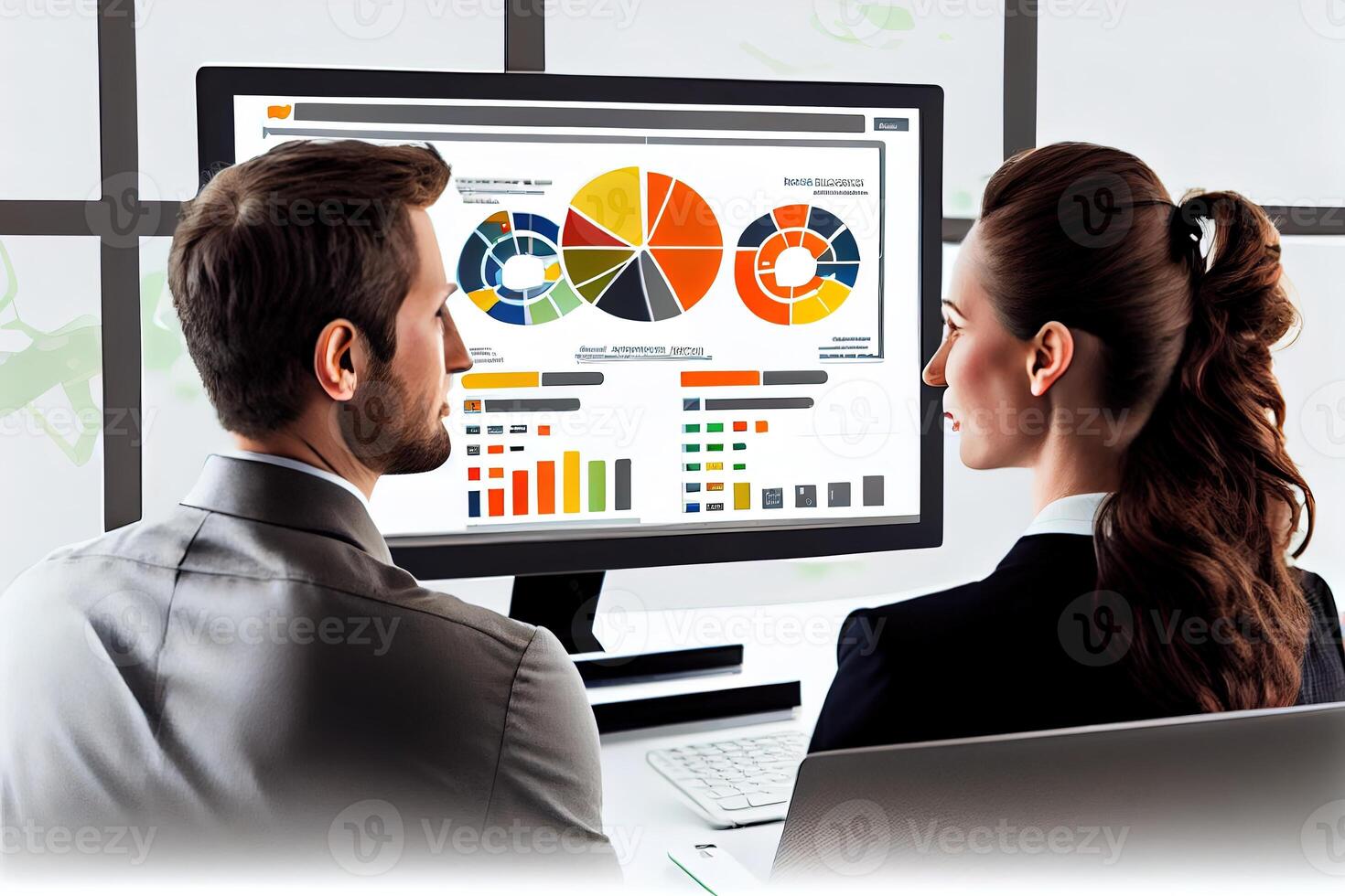 businessman and woman sitting in front of a computer screen, staring intently at their website's analytic dashboard, Show the website as a vibrant, media platforms, advertising channels. photo