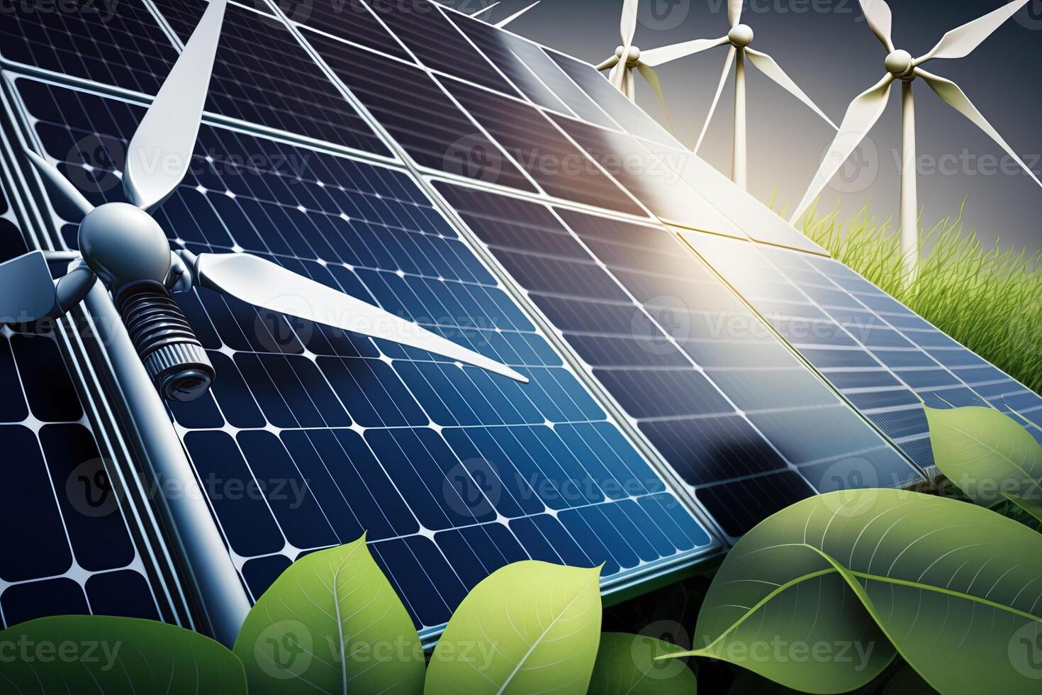Renewable energy background with green energy as wind turbines and solar panels. green energy concept energy sources sustainable Ecology Elements photo