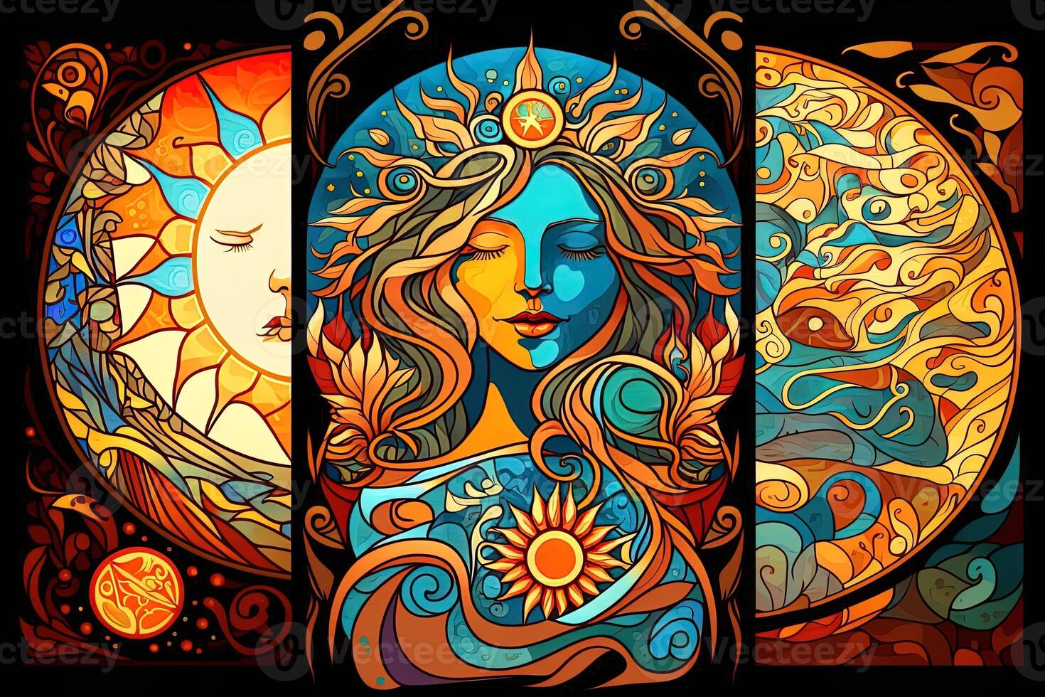 Happy abstract astral shape, moon and sun, art nouveau, expressionism. Mucha and tarot card inspired, strong color. photo