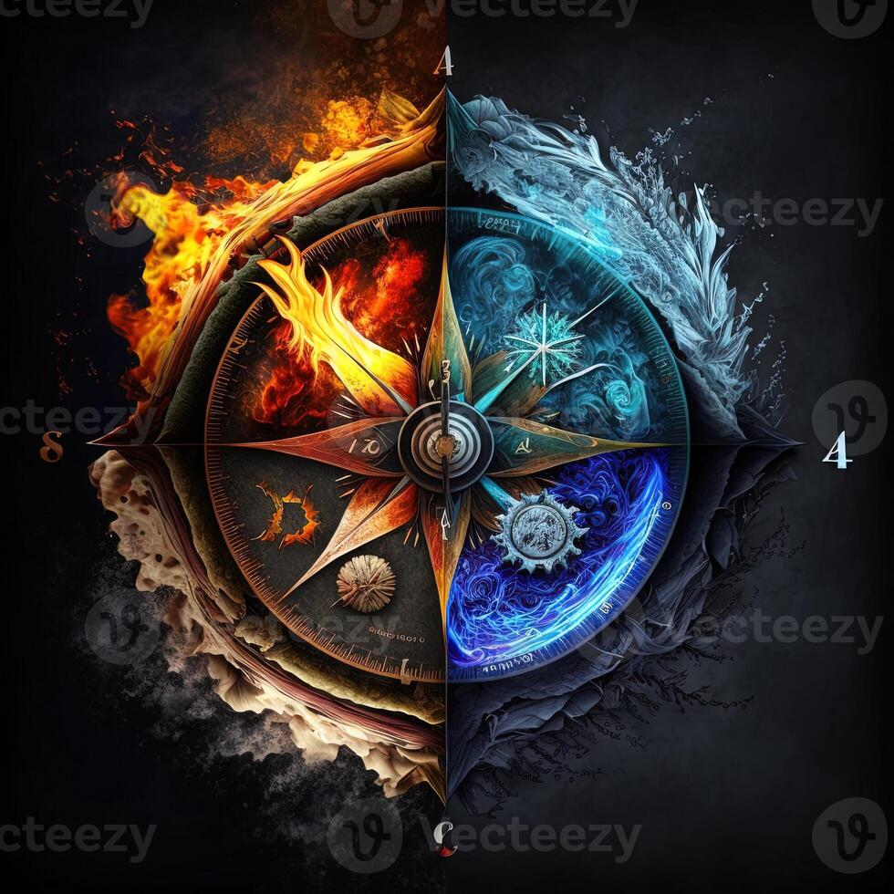 Four elements compass. . Colorful magical fantasy compass, four elements earth, fire, water, air. photo