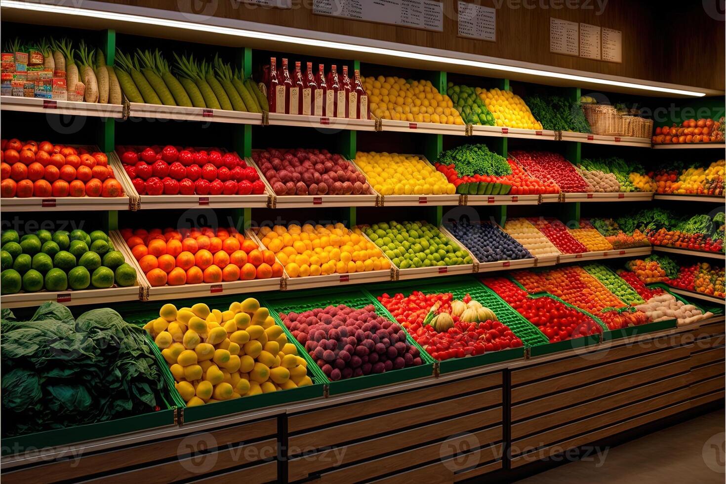 Vegetable farmer market counter colorful various fresh organic healthy vegetables at grocery store. Healthy natural food concept. photo