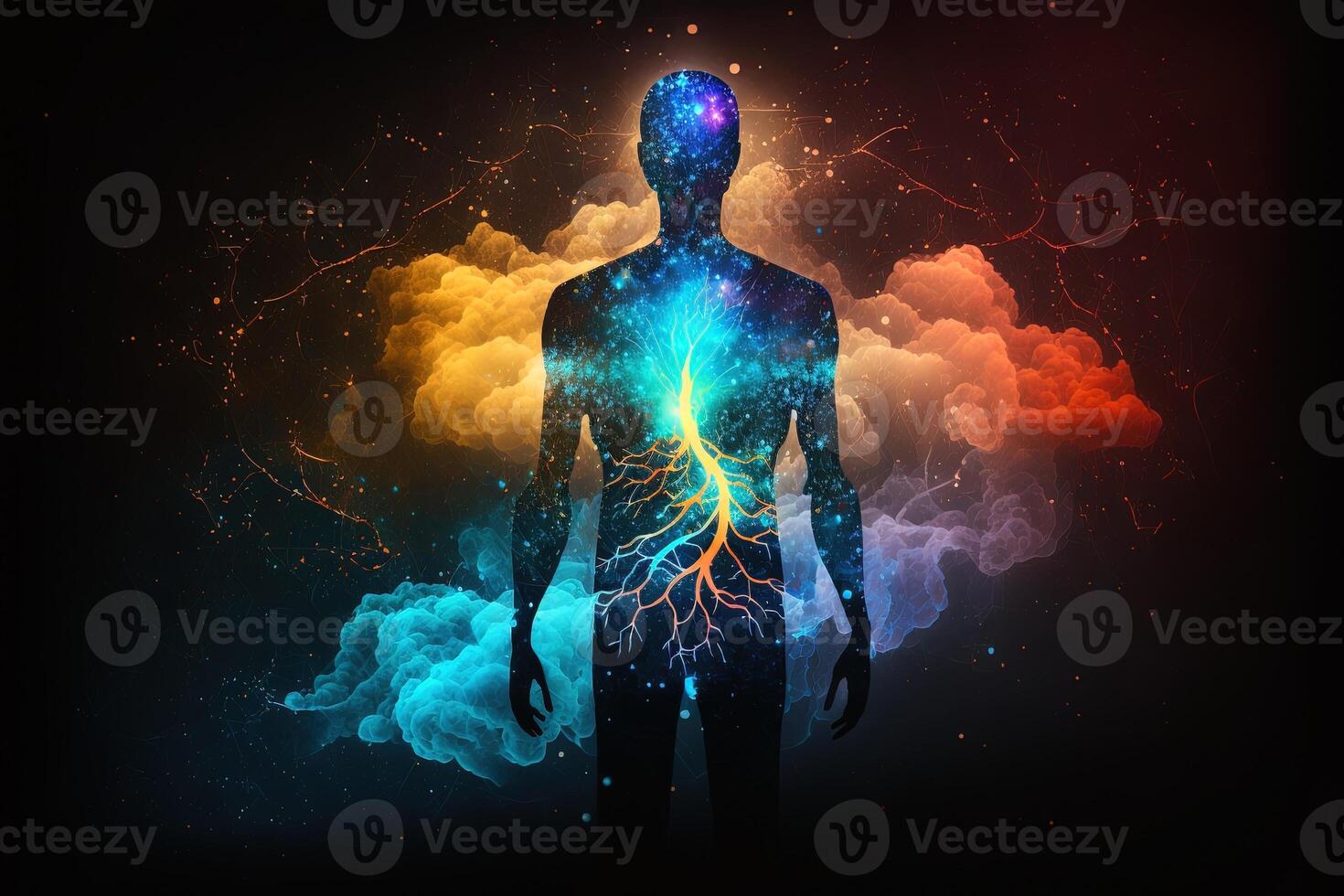Astral body silhouette with abstract space background. Esoteric, spiritual life and meditation concept. Afterlife and connection with other worlds. Created with photo