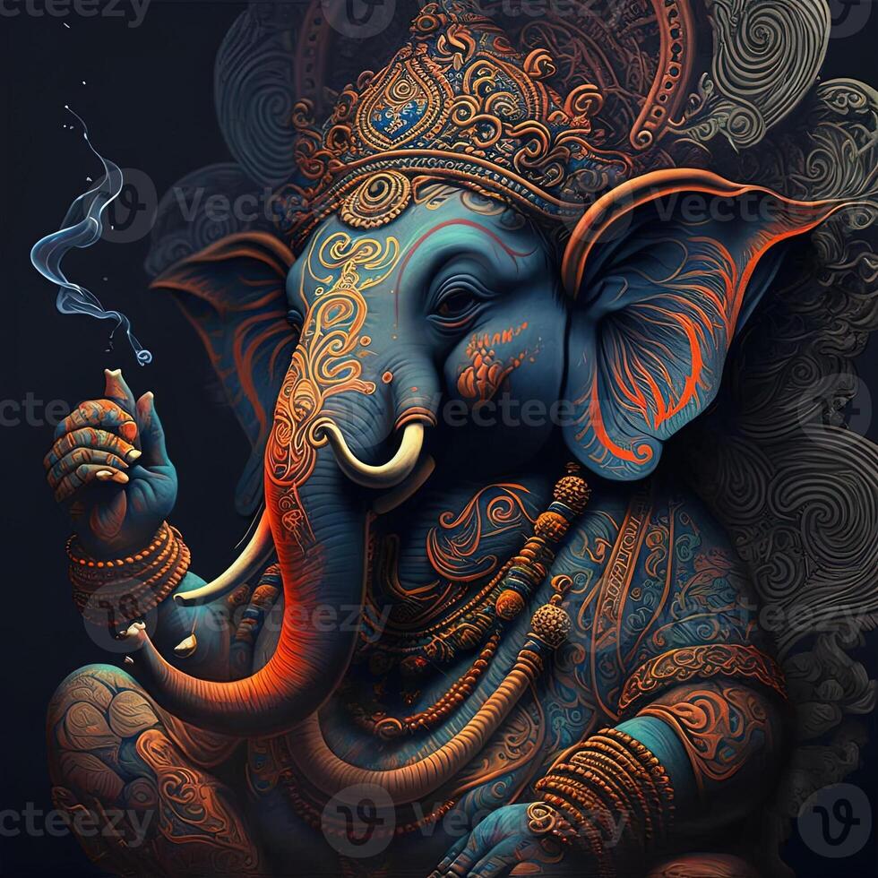 on statue of Lord Ganesha , Ganesha Festival. Hindu religion and Indian celebration of Diwali festival concept on dark, red, yellow background and copy space photo