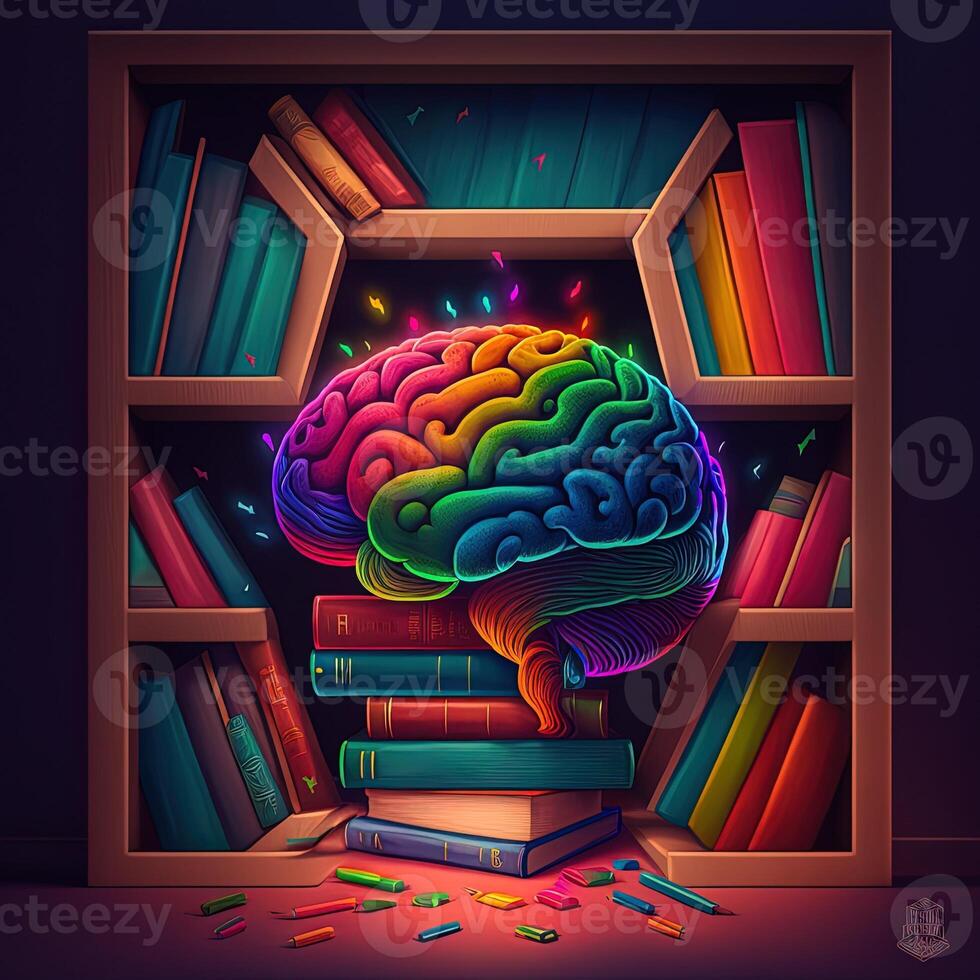 This whimsical image shows a brain with a library inside, its neurons and synapses lit up in a rainbow of joyful colors. A stack of books on a shelf indicates knowledge and learning, photo