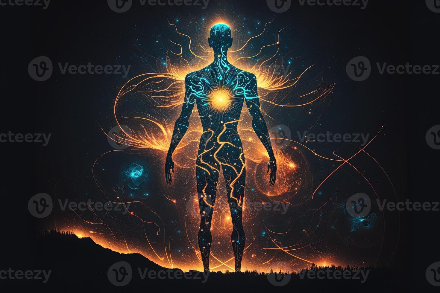 Astral body silhouette with abstract space background. Esoteric, spiritual life and meditation concept. Afterlife and connection with other worlds. Created with photo