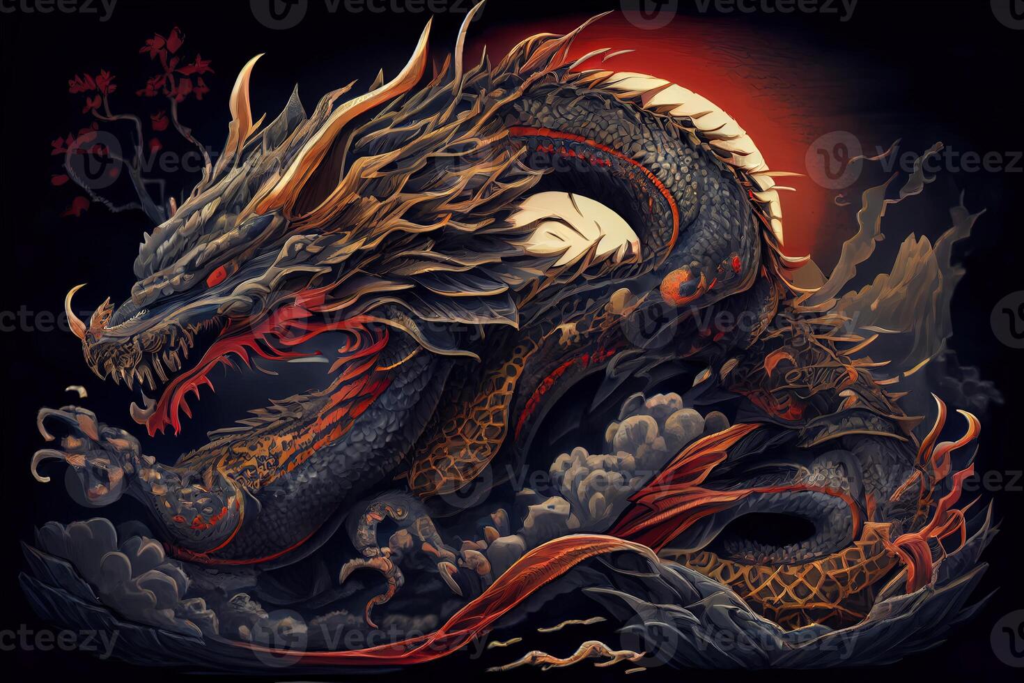 A highly detailed image of powerful dragon showing their full body, the character style will represent japan or Asian. Illustration of ancient asian dragon on black background. photo