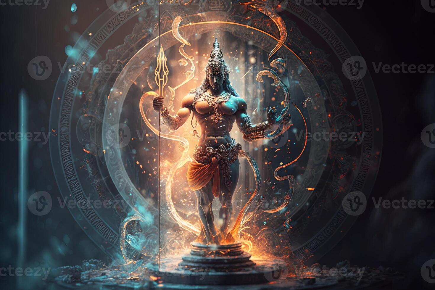 Hindu god Shiva, Colorful indian hindu God Shiva hand holding Trident. God Shiva epic pose with trishula, magic in hand for t-shirt print, poster - Hindu religious art. photo