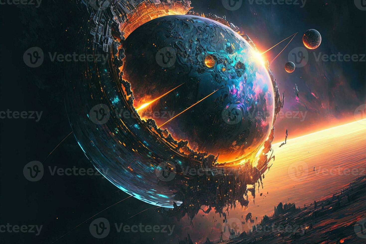 Cyberpunk planet, solar system-punk, the entire universe is collapsing in on itself. Human in the ruined city, destroyed earth, digital painting. Concept apocalypse. Black hole in space photo