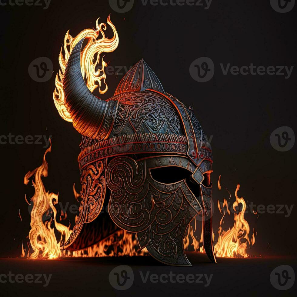 Generative A iron and leather viking helmet glowing with deep red fire, light shimmering. Focus metal viking warrior helmet with horns and runes photo