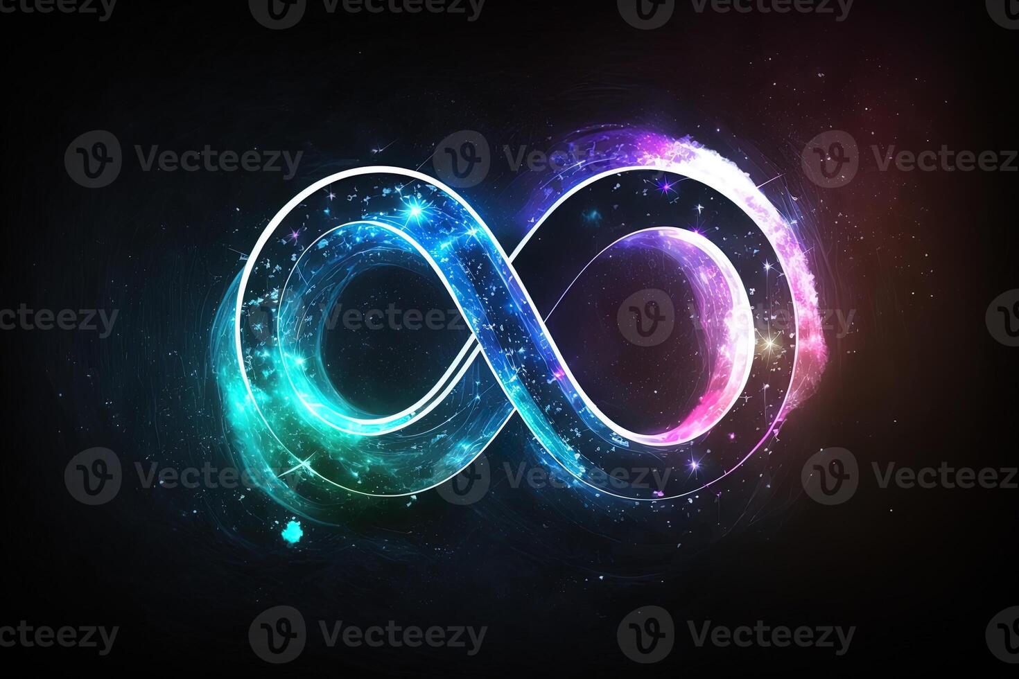 glowing neon infinity symbol in the night. . Infinity, eternity, infinite, endless, loop symbols. photo