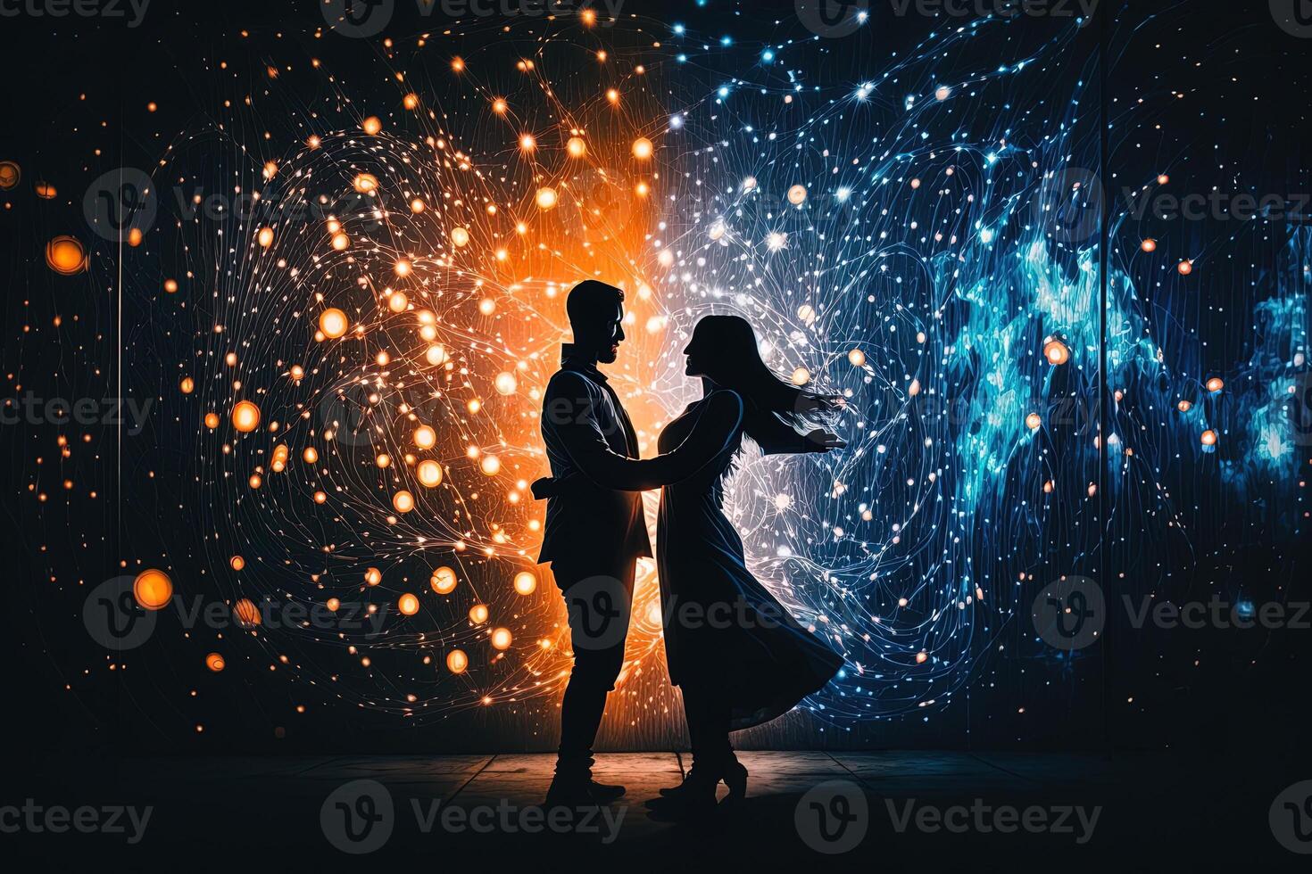 Silhouette couple dances in front of a wall of lights, exemplifying the energy and passion in their relationship, , valentine concept. photo