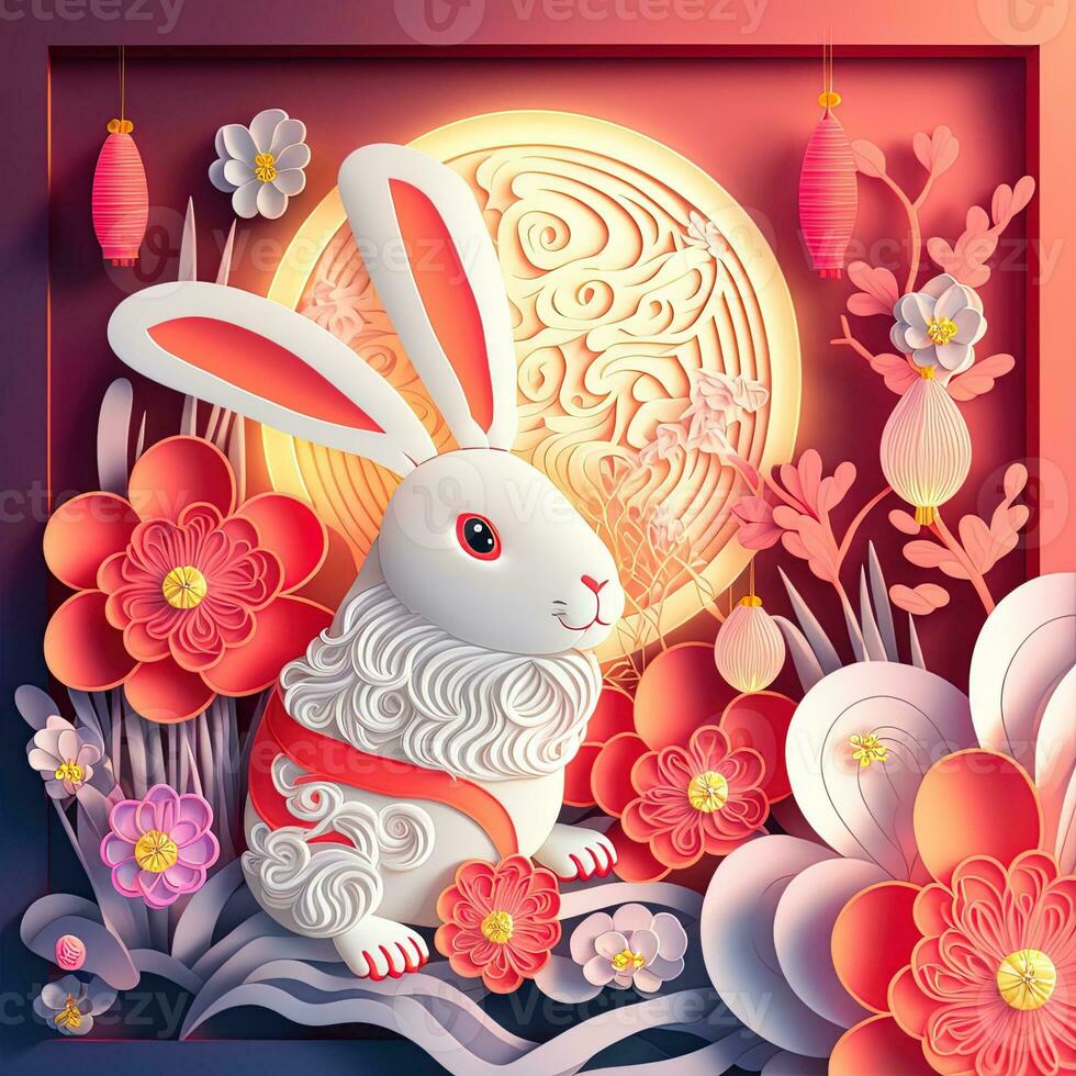 Paper cut quilling multidimensional chinese style cute zodiac rabbit with lanterns, blossom peach flower in background, chinese new year. Lunar new year 2023 concept photo