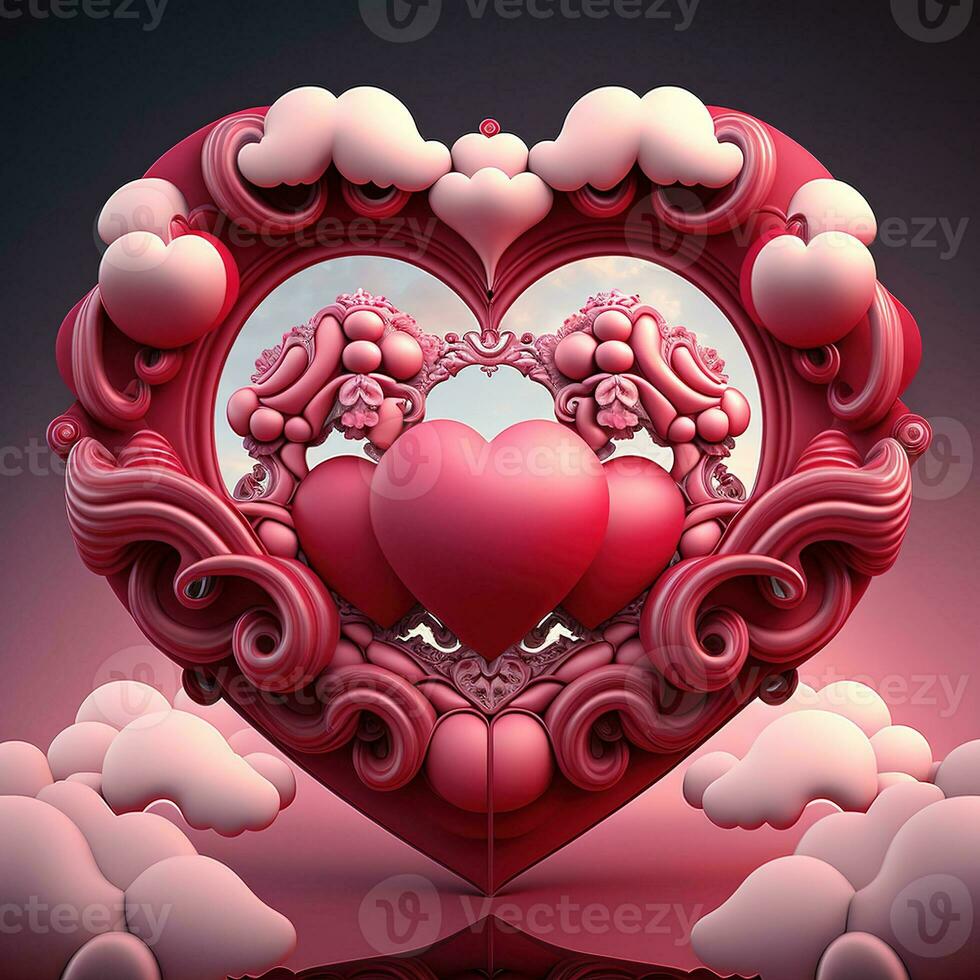 Perfecto decoraciones para san valentin día, simétrico, corazones y nubes, rojo, rosa, 3d, profesional estudio, súper resolución. enamorado día concepto saludo tarjeta foto