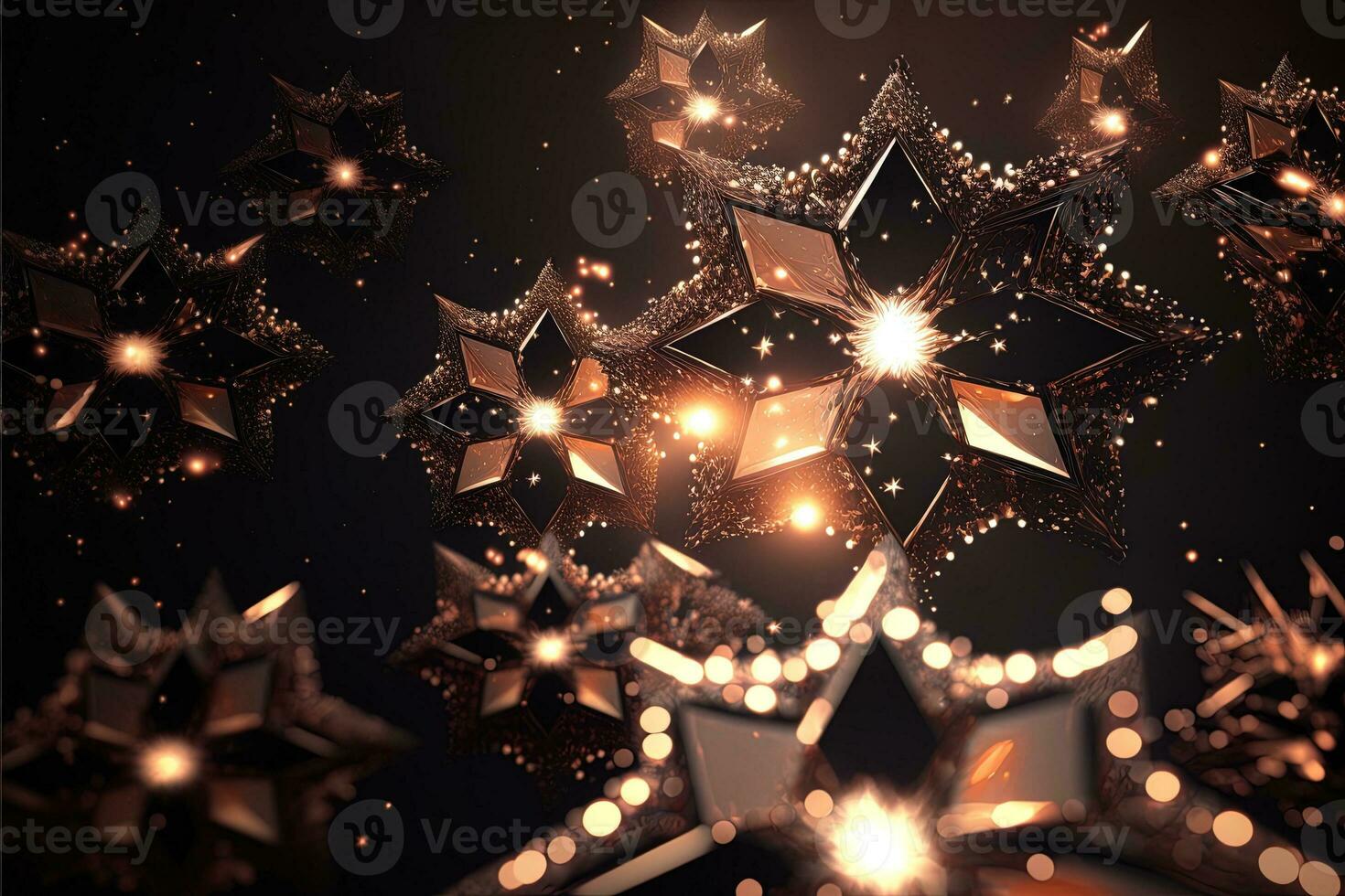 Shower of a million sparkling star shaped mirrors from the heavens. Bright creative abstract decoration element for celebration. Gold and silver glitter star with golden frame on dark background. photo