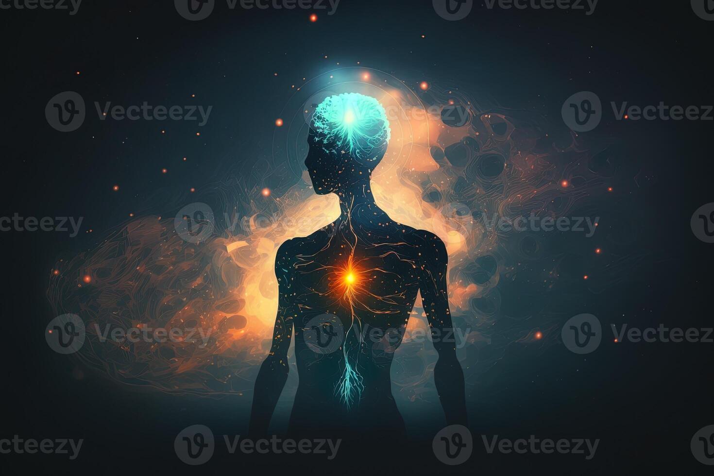 Astral body silhouette with abstract space background. Esoteric, spiritual life and meditation concept. Afterlife and connection with other worlds. Created with photo