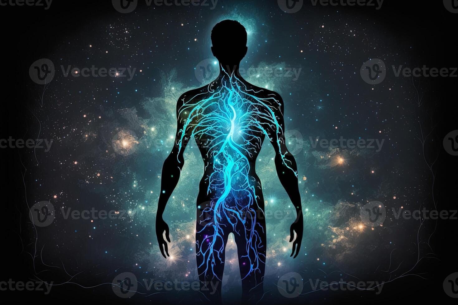 Astral body silhouette with abstract space background. Esoteric, spiritual life and meditation concept. Afterlife and connection with other worlds. Created with photo