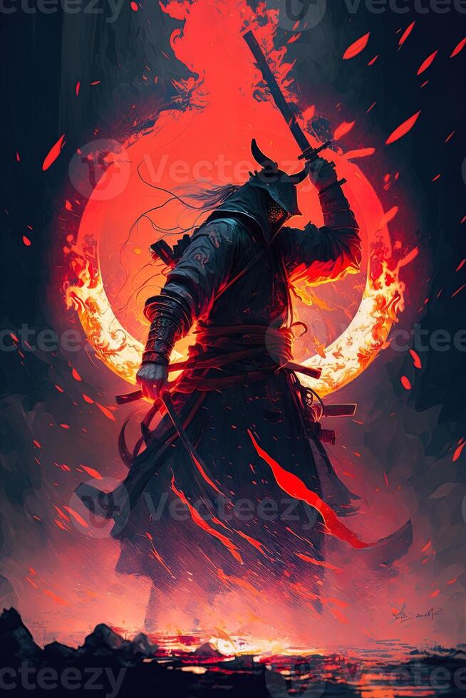 A samurai in a demonic red mask on the battlefield makes a swing with a katana creating a sizzling fire ring around, he is a mystical martial. illustration painting photo