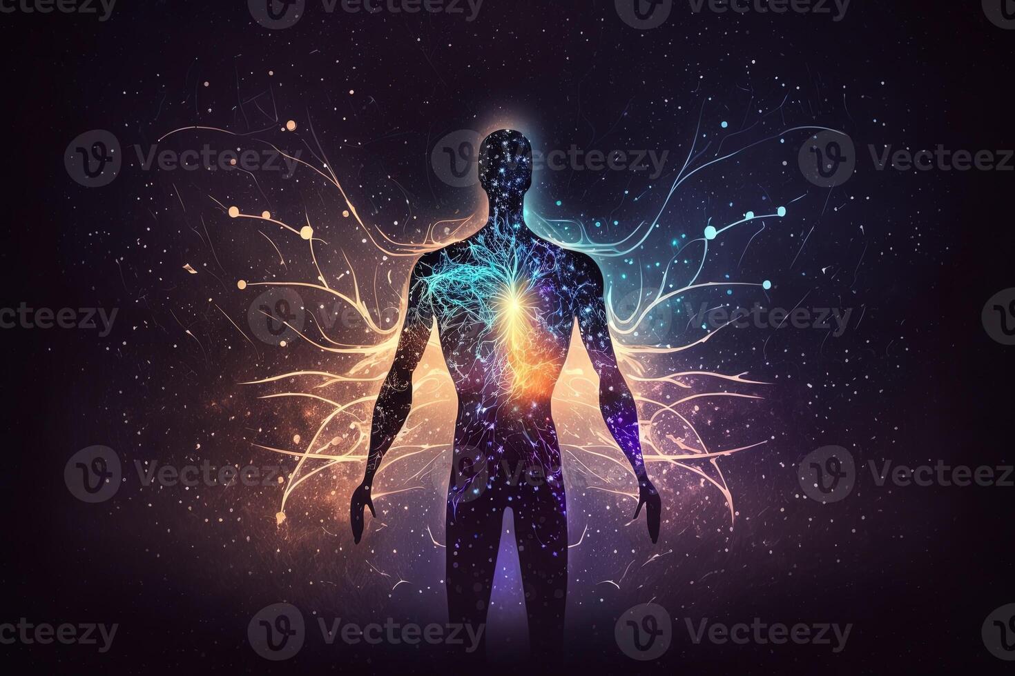 Astral body silhouette with abstract space background. Esoteric, spiritual life and meditation concept. Afterlife and connection with other worlds. Created with photo