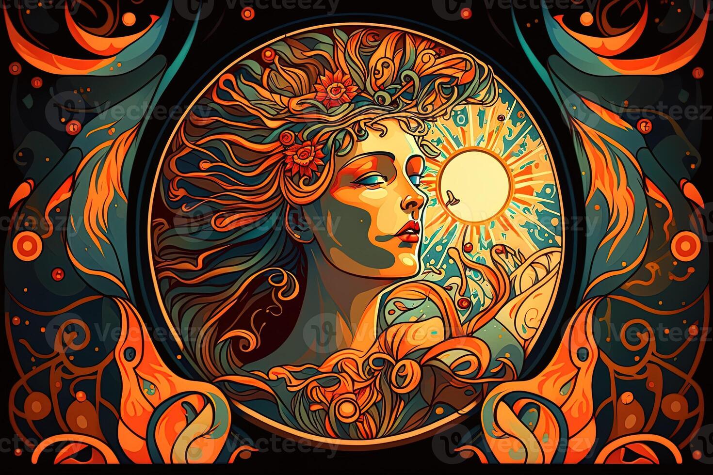 Happy abstract astral shape, moon and sun, art nouveau, expressionism. Mucha and tarot card inspired, strong color. photo