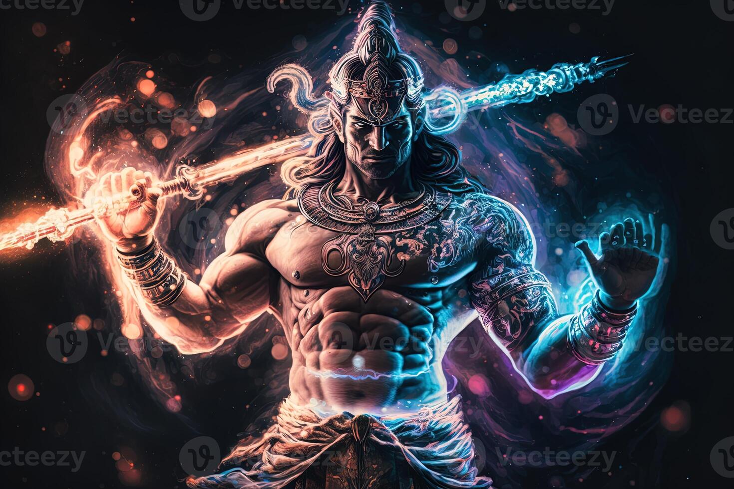 Hindu god Shiva, Colorful indian hindu God Shiva hand holding Trident. God Shiva epic pose with trishula, magic in hand for t-shirt print, poster - Hindu religious art. photo