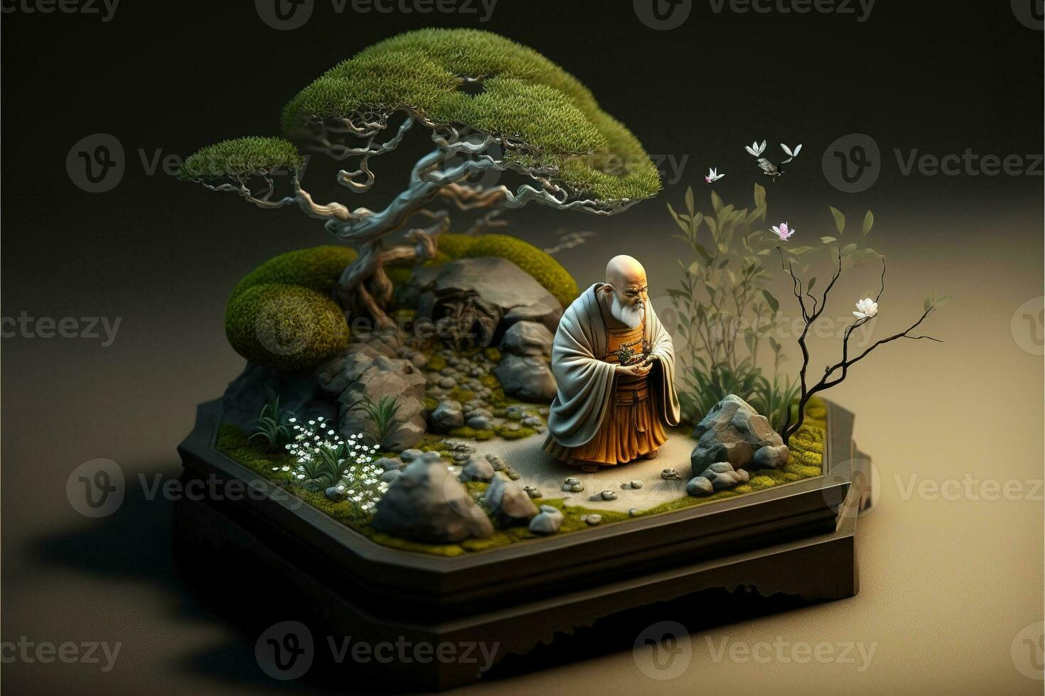Miniature desk zen sandbox with Monk figure sit in Lotus position, stacked zen sea stones, brown elephant figurines, spa candles burning against dark studio background, copy space. photo