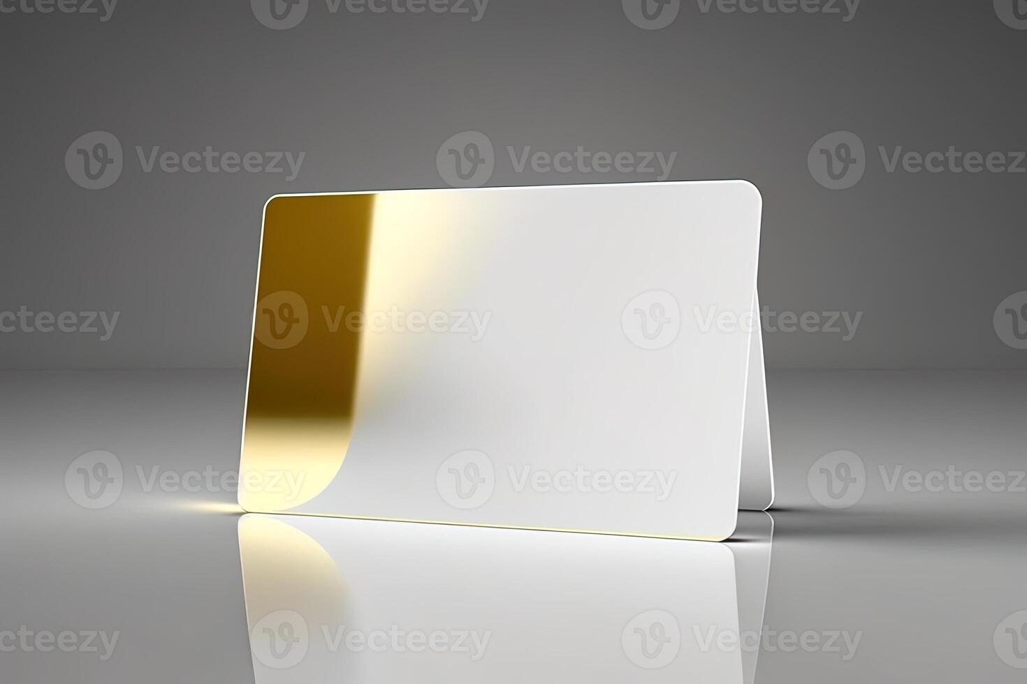 a white card for mockup, horizontal rectangular with rounded corner shapes, front view, stunning light, studio light, reflexion of hundred fine lines of gold reflection, white background photo