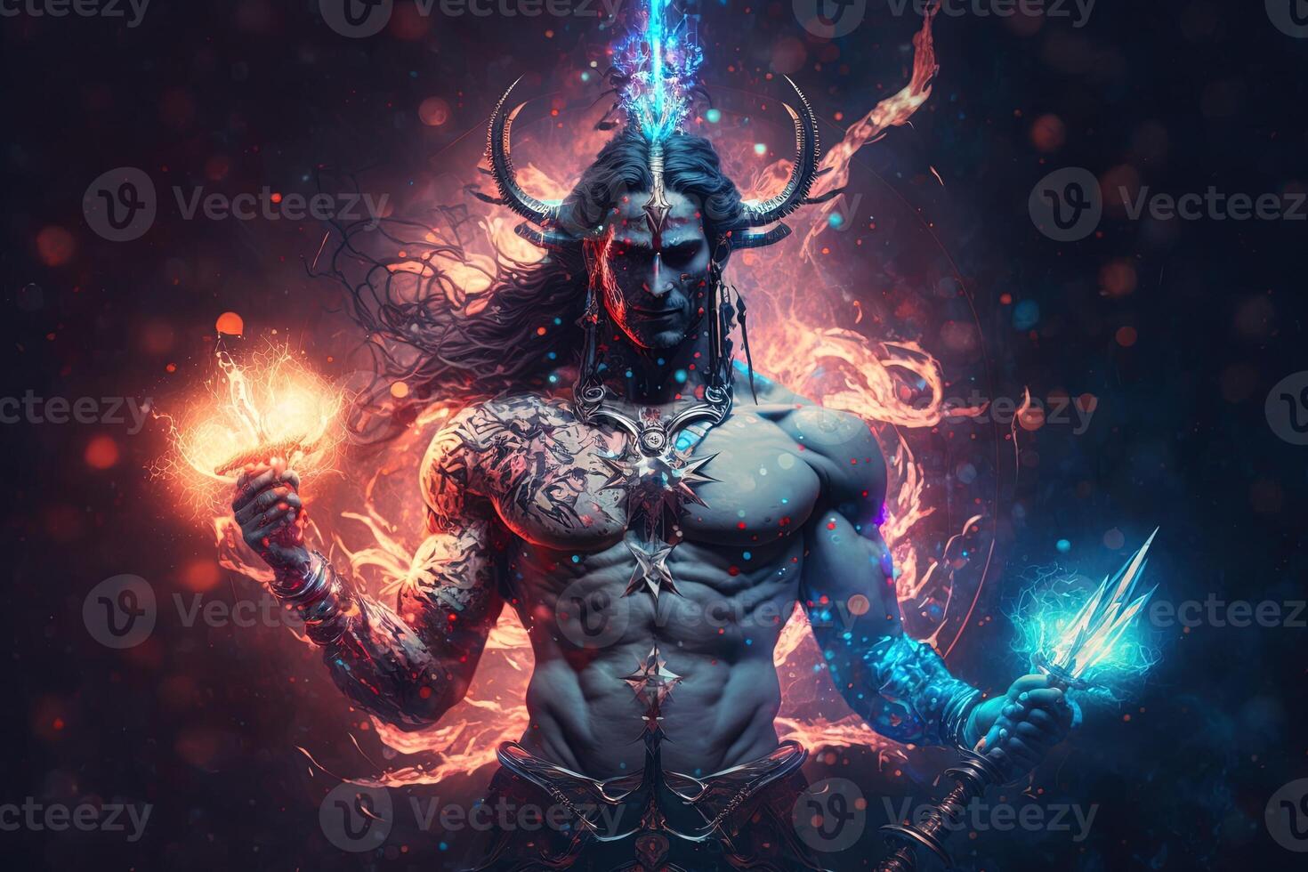 Hindu god Shiva, Colorful indian hindu God Shiva hand holding Trident. God Shiva epic pose with trishula, magic in hand for t-shirt print, poster - Hindu religious art. photo