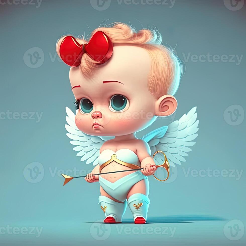 adorable baby cupid beautiful portrait, full body hand holding a bow and arrow, cartoon style character. Love and valentine concept. photo