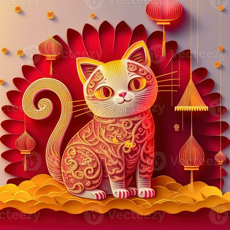 Paper cut quilling multidimensional chinese style cute zodiac cat with lanterns, blossom peach flower in background, chinese new year. Lunar new year 2023 concept photo